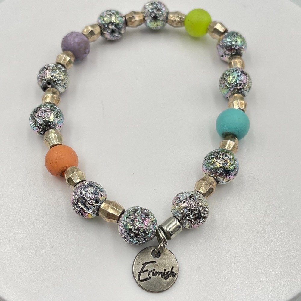 VTG Erimish Beaded Stretch Bracelet Iridescent Lava Rock Colorful Stack Retro